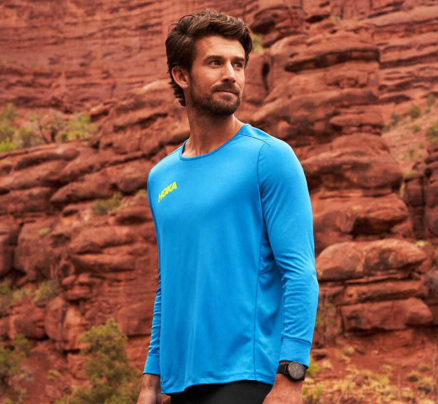 Hoka One One Tops Mens Blue - Performance 3/4 Sleeve - 37958VEFT